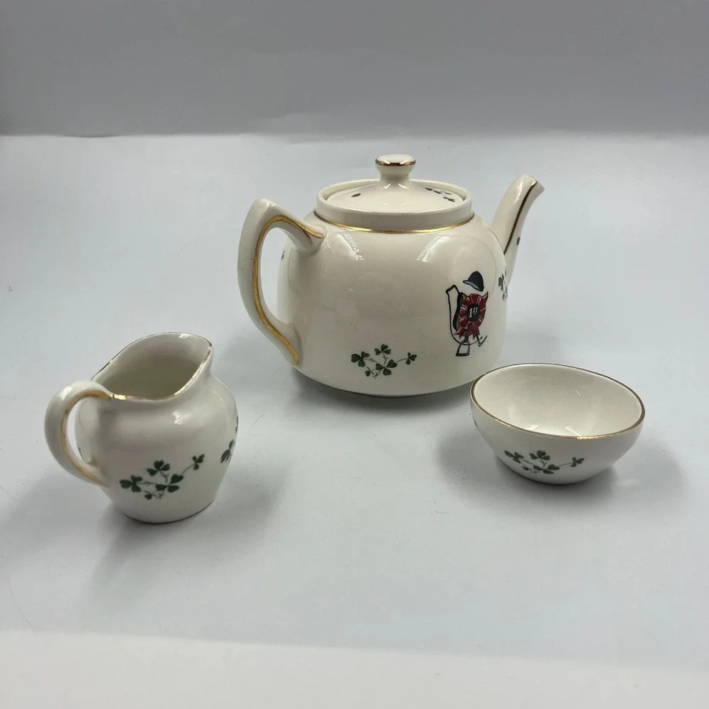 Vintage Carrigaline Ireland Fox Hunt Tea Set Teapot Creamer Sugar Shamrocks Gold